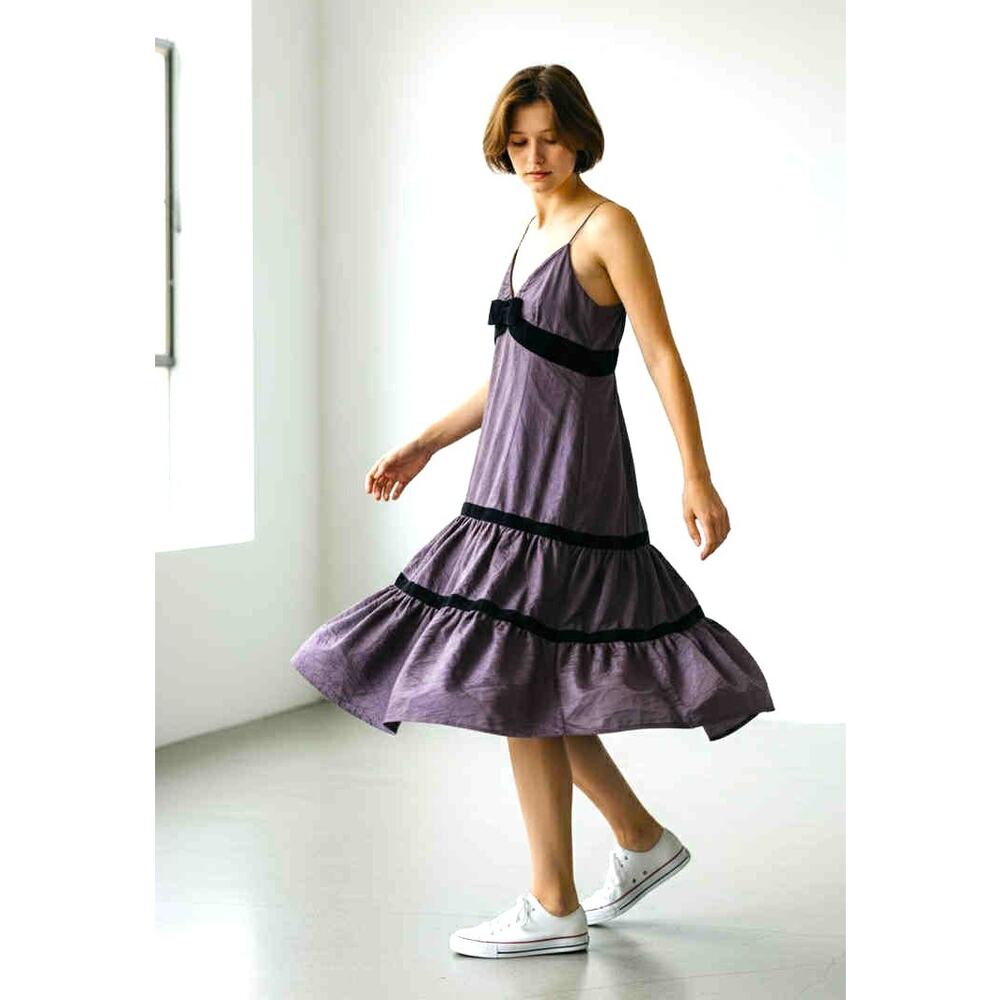 Tracy Reese $350 100% Silk Purple Black Trim Spaghetti Strap Midi Dress Size 10